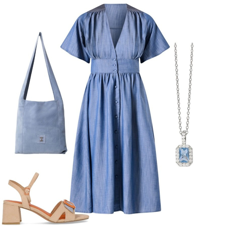 Outfit donna - Chemisier fresco e versatile. Stile Basic per Tutti i giorni. Abbinamento con ciondoli, vestiti chemisier, borse a tracolla, sandali col tacco.