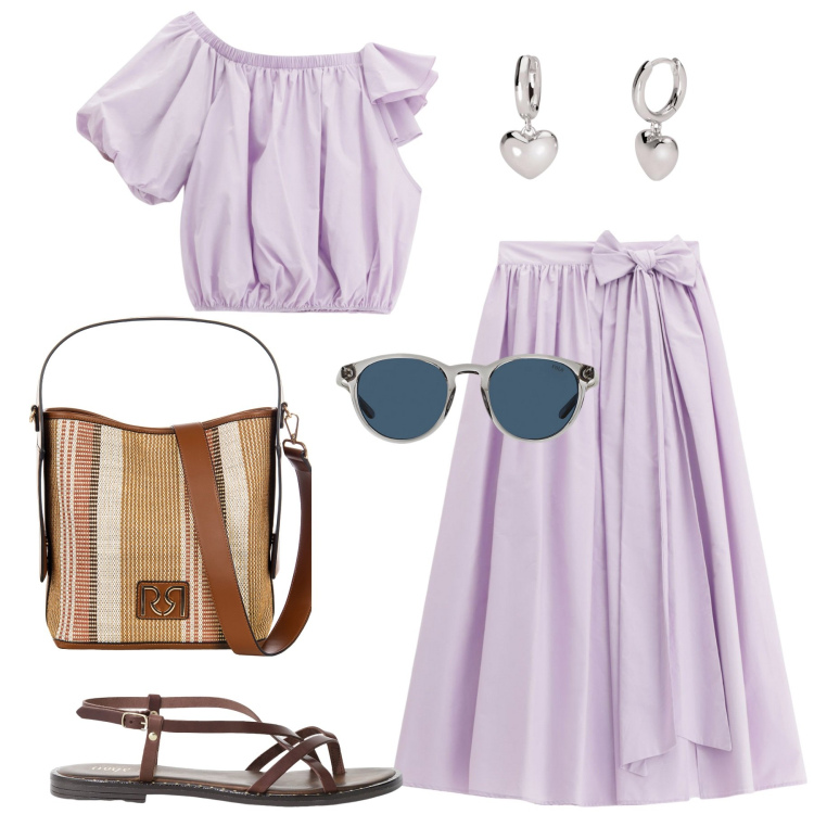 Outfit donna - Gonna lunga e sandali. Stile Casual per Tutti i giorni. Abbinamento con orecchini, borse a secchiello, gonne lunghe, top, sandali, occhiali da sole.