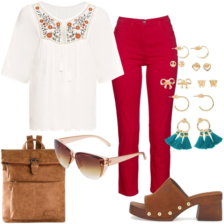 Outfit donna - Urban boho. Stile Boho per Tutti i giorni. Abbinamento con tuniche, zaini, occhiali da sole, pantaloni, orecchini, zoccoli.