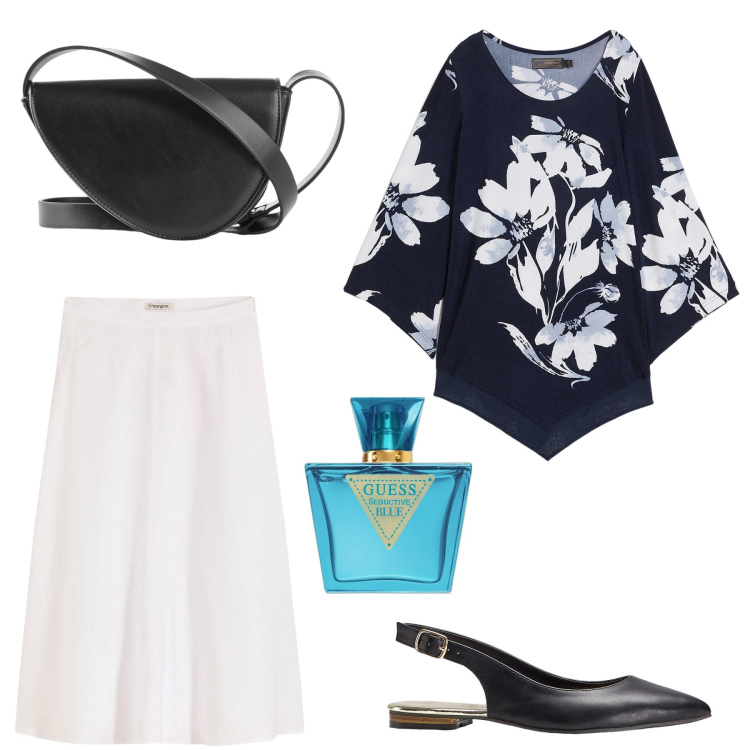 Outfit donna - Maglione donna nero e fiori bonprix. Stile Casual per Tutti i giorni. Abbinamento con ballerine, maglieria, gonne longuette, borse a tracolla, profumi.