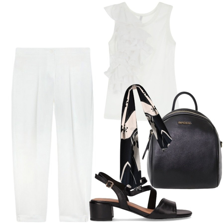 Outfit donna - Bianco e nero con stile. Stile Basic per Ufficio. Abbinamento con top, zaini, sciarpe, pantaloni, sandali col tacco.