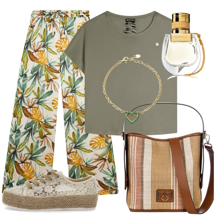 Outfit donna - Freddy. Stile Urban per Tutti i giorni. Abbinamento con profumi, borse a secchiello, braccialetti, t-shirt, pantaloni culotte, espadrillas.
