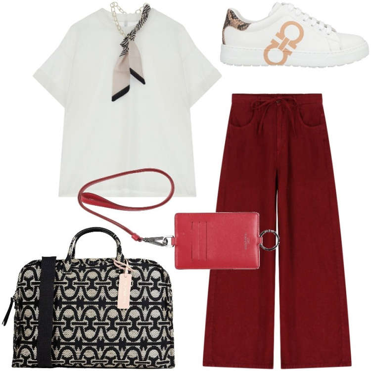 Outfit donna - Viaggio breve. Stile Casual chic per Tutti i giorni. Abbinamento con portafogli, borse sportive, sneakers, t-shirt, pantaloni.