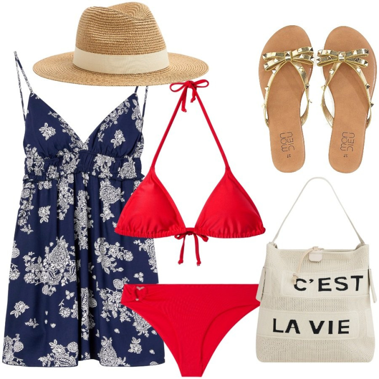 Outfit donna - Vacanza a Portofino. Stile Casual chic per Mare. Abbinamento con vestiti corti, cappelli, bikini, borse a mano, bikini, infradito.