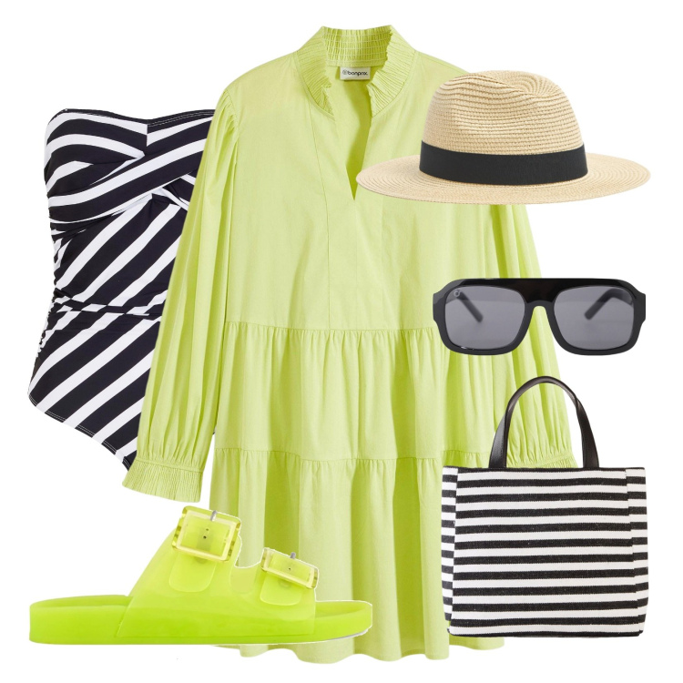 Outfit donna - Tonalità Lime!. Stile Trendy per Mare. Abbinamento con vestiti corti, costumi interi, borse a mano, cappelli, occhiali da sole, sandali.