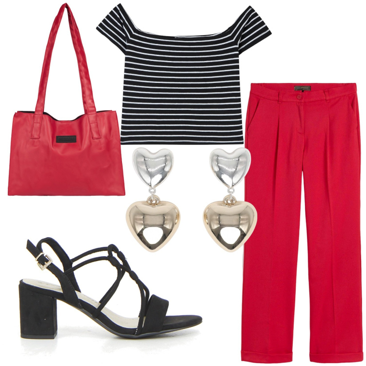 Outfit donna - Summertime. Stile Basic per Tutti i giorni. Abbinamento con pantaloni, t-shirt, orecchini, shopping bag, sandali col tacco.
