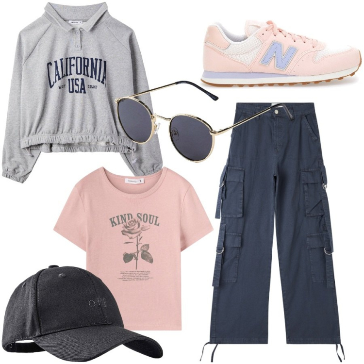 Outfit donna - Urban style. Stile Urban per Scuola/Università. Abbinamento con cappelli con visiera, occhiali da sole, felpe, t-shirt, pantaloni cargo, sneakers.