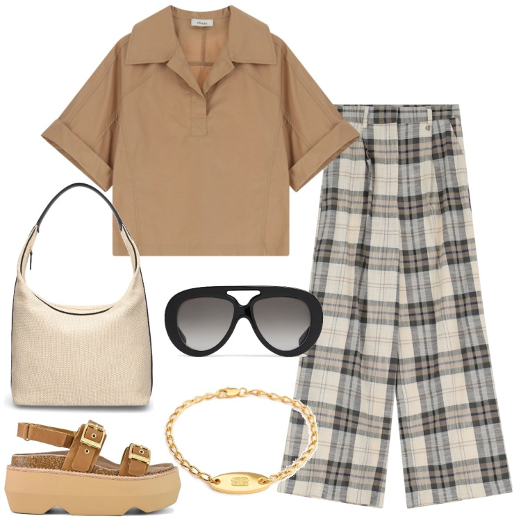 Outfit donna - A scacchi. Stile Casual chic per Tutti i giorni. Abbinamento con camicie a manica corta, pantaloni, sandali col tacco, occhiali da sole, borse a spalla, braccialetti.