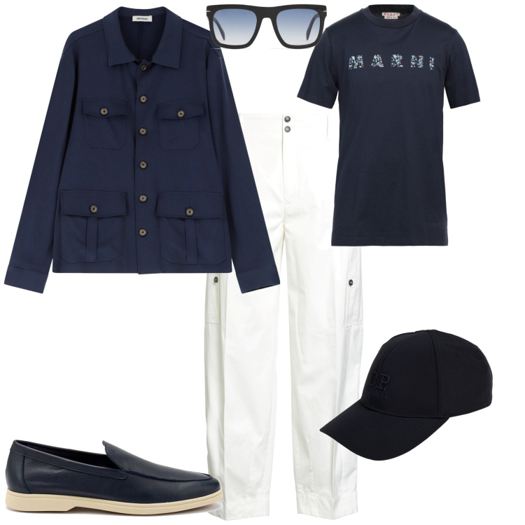 Outfit uomo - Trendy aperitivo serata. Stile Trendy per Serata speciale. Abbinamento con pantaloni cargo, t-shirt, cappelli con visiera, camicie, occhiali da sole, scarpe stringate.