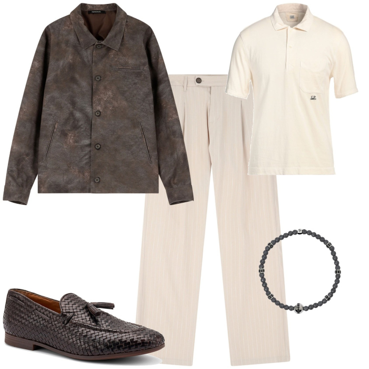 Outfit uomo - Trendy aperitivo serata. Stile Trendy per Serata speciale. Abbinamento con polo, braccialetti, pantaloni, giacche, scarpe stringate.