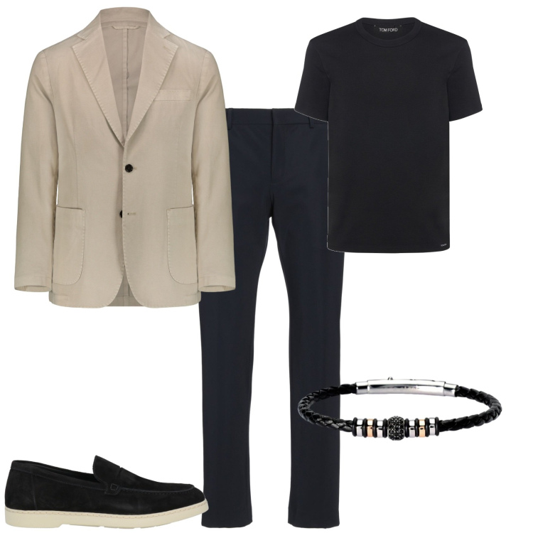 Outfit uomo - Trendy serata fuori. Stile Trendy per Serata speciale. Abbinamento con scarpe stringate, pantaloni chino, braccialetti, giacche, t-shirt.