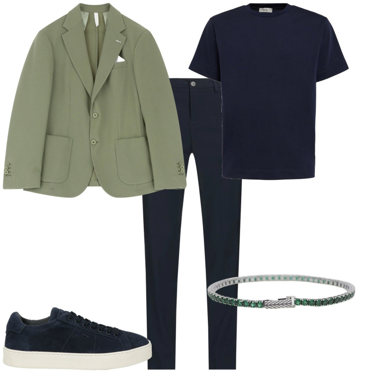 Outfit uomo - Trendy serata fuori. Stile Trendy per Serata speciale. Abbinamento con sneakers, pantaloni chino, braccialetti, giacche, t-shirt.