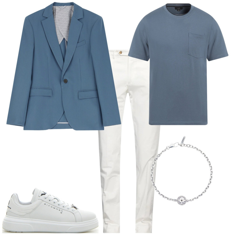 Outfit uomo - Trendy serata fuori. Stile Trendy per Serata speciale. Abbinamento con t-shirt, pantaloni chino, braccialetti, giacche, sneakers.