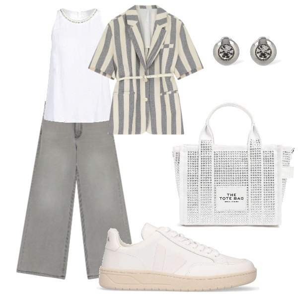 Outfit donna - granita al caffe. Stile Urban per Ufficio. Abbinamento con top, blazer, jeans, sneakers, orecchini, borse tote.