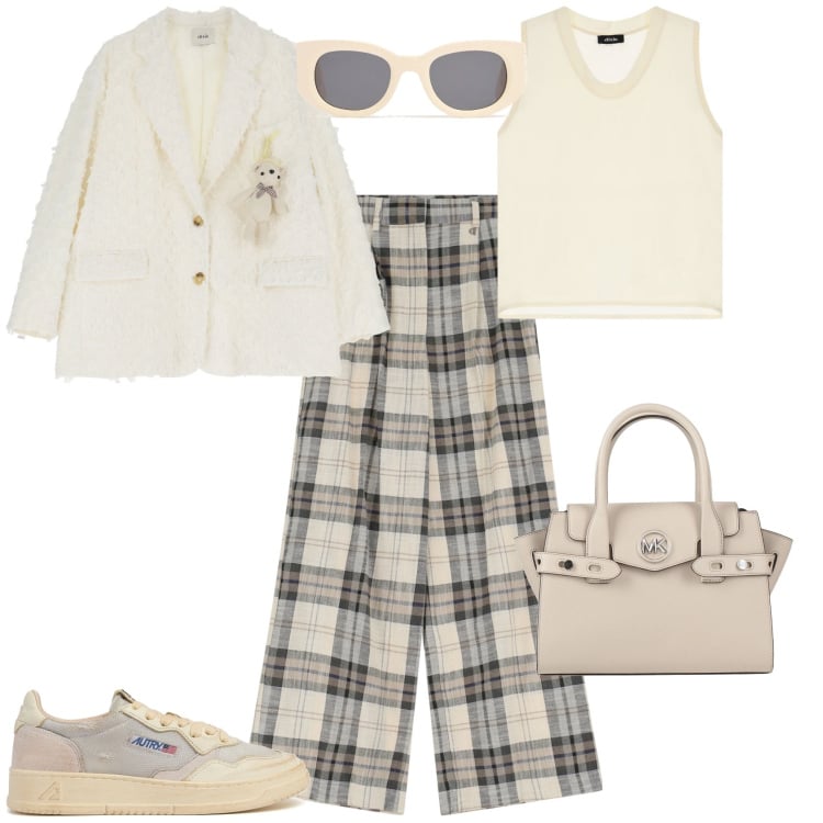 Outfit donna - Ufficio tempo libero. Stile Minimal per Tutti i giorni. Abbinamento con borse a mano, pantaloni, blazer, top, sneakers, occhiali da sole.