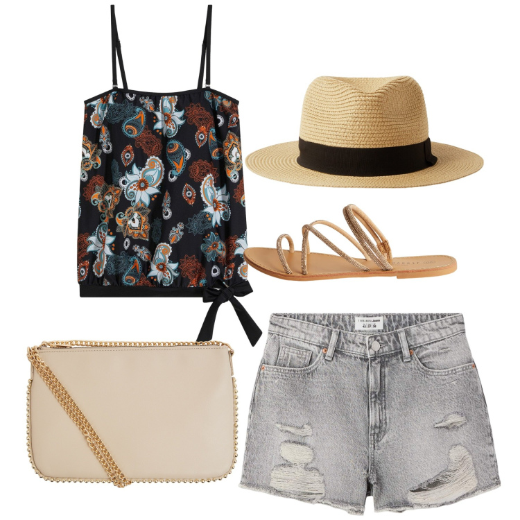 Outfit donna - Chapeau. Stile Casual chic per Tutti i giorni. Abbinamento con top, borse a tracolla, shorts, cappelli, sandali.