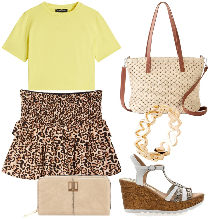 Outfit donna - Gonnellino. Stile Trendy per Tutti i giorni. Abbinamento con anelli, borse a mano, minigonne, t-shirt, zeppe, portafogli.