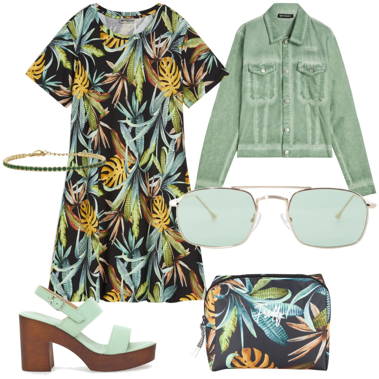 Outfit donna - Green mood. Stile Trendy per Tutti i giorni. Abbinamento con braccialetti, occhiali da sole, blazer, valigie, vestiti, zoccoli.