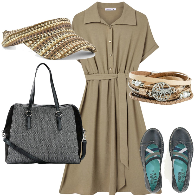 Outfit donna - Al lavoro sempre perfetta. Stile Urban per Ufficio. Abbinamento con braccialetti, borse a mano, vestiti chemisier, cappelli con visiera, ballerine.