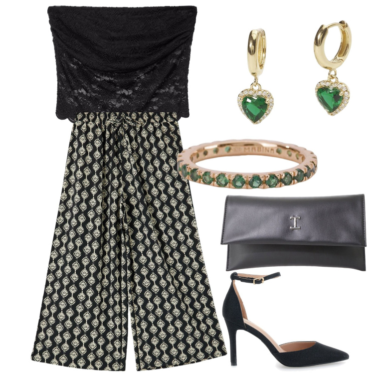 Outfit donna - Verde smeraldo per colorare tutto. Stile Glamour per Serata fuori. Abbinamento con pantaloni a palazzo, top, orecchini, anelli, pochette, décolleté.