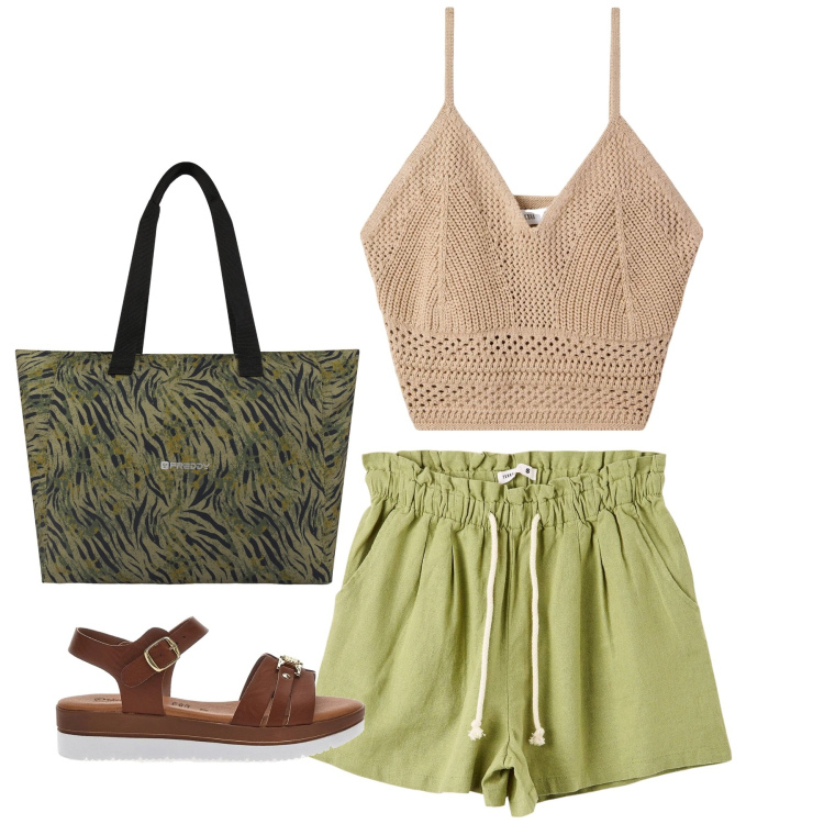 Outfit donna - Pistacchio e crochet. Stile Casual chic per Tutti i giorni. Abbinamento con shorts, top, shopping bag, sandali.
