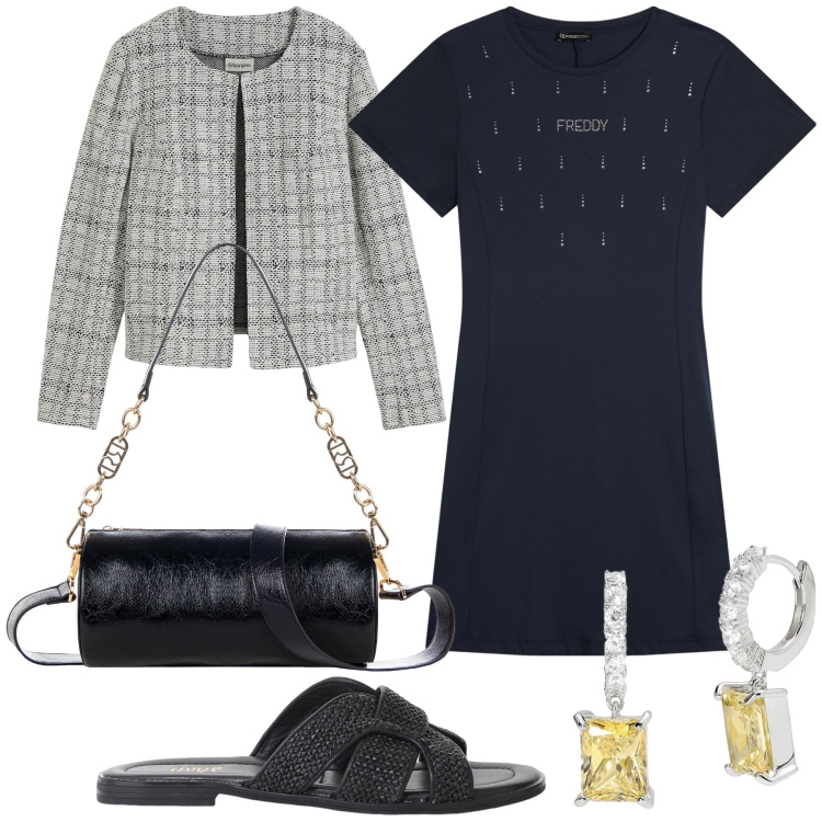 Outfit donna - Ristorante in ciabattine. Stile Urban per Serata fuori. Abbinamento con cardigans, orecchini, borse a mano, vestiti, sandali.