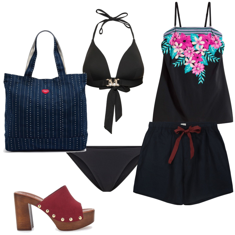 Outfit donna - Fiori sul top. Stile Glamour per Mare. Abbinamento con vestiti da spiaggia, zoccoli, shorts, bikini, bikini, borse tote.