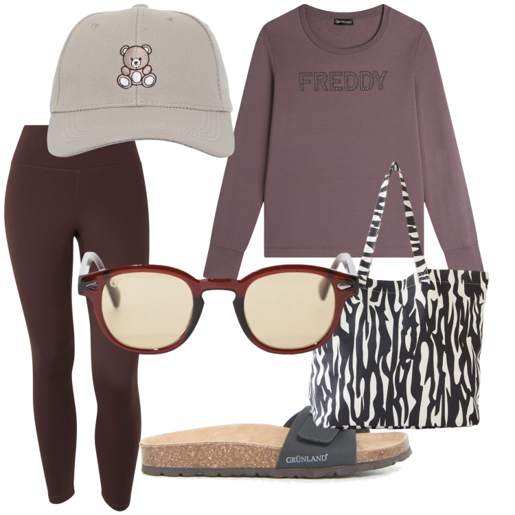 Outfit donna - Con l orsetto al bar. Stile Basic per Tutti i giorni. Abbinamento con shopping bag, cappelli con visiera, occhiali da sole, felpe, pantaloni, ciabatte.