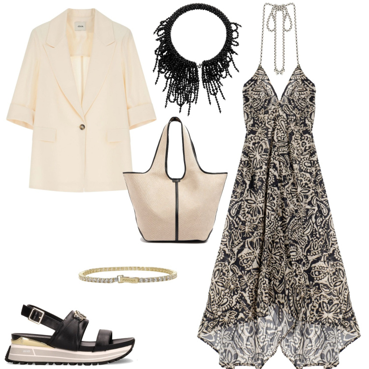 Outfit donna - Total look #2179270. Stile Etnico per Serata fuori. Abbinamento con braccialetti, vestiti lunghi, blazer, sandali, collane, borse tote.