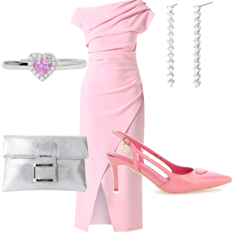 Outfit donna - Pink heart. Stile Chic per Cerimonia. Abbinamento con anelli, orecchini, vestiti asimmetrici, pochette, décolleté.