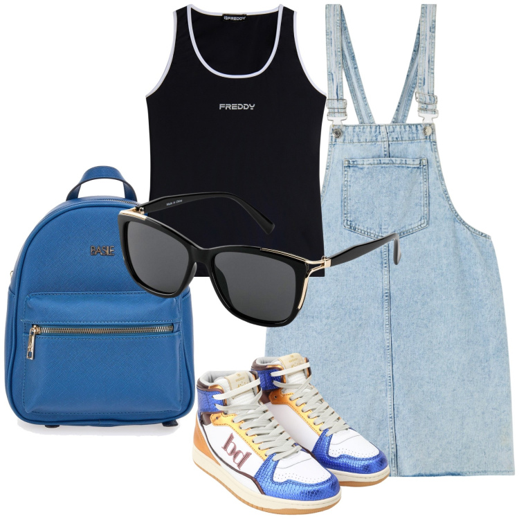 Outfit donna - A spasso in tuta jeans. Stile Casual per Tutti i giorni. Abbinamento con occhiali da sole, salopette, sneakers alte, canottiere, zaini.