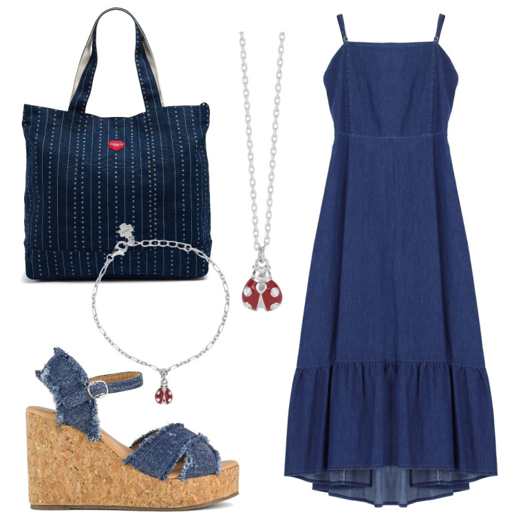 Outfit donna - L’abito lungo in jeans. Stile Boho per Tutti i giorni. Abbinamento con braccialetti con ciondoli, collane, vestiti lunghi, zeppe, borse tote.