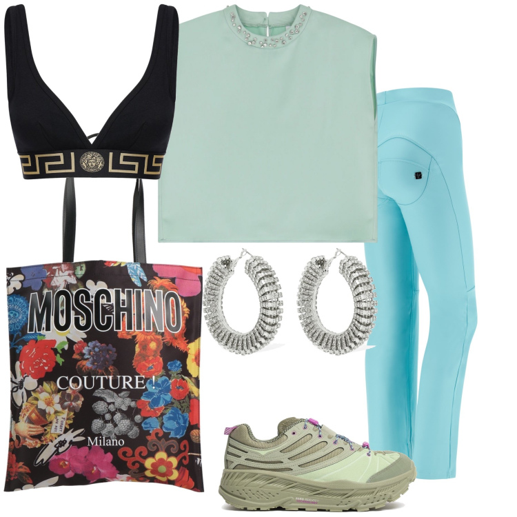 Outfit donna - Passeggiata firmata. Stile Sporty chic per Tutti i giorni. Abbinamento con borse a mano, pantaloni, top, sneakers, orecchini, reggiseni.