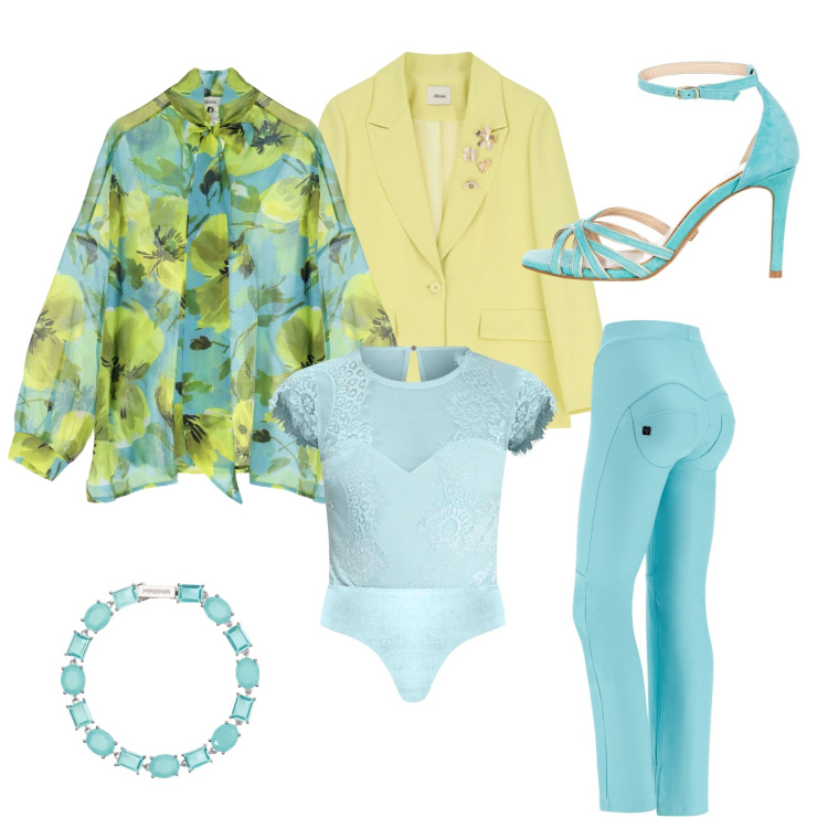 Outfit donna - Fresco Lime. Stile 70s Abbinamento con braccialetti, body, sandali col tacco, pantaloni, bluse, blazer.