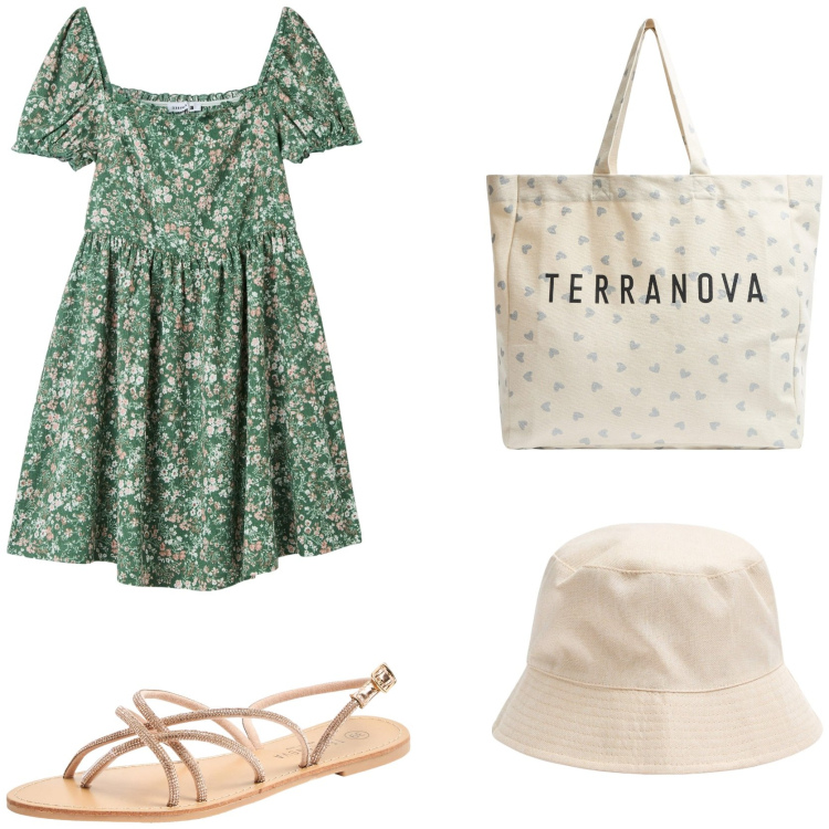Outfit donna - Pomeriggio in campagna. Stile Vintage retrò per Tutti i giorni. Abbinamento con vestiti corti, cappelli, shopping bag, sandali.