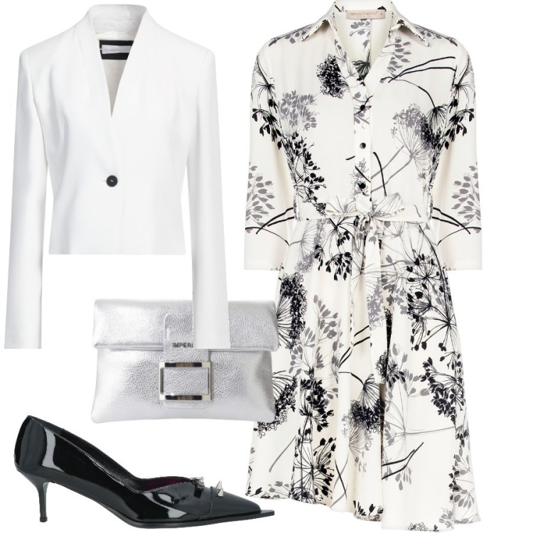 Outfit donna - Giardino cinese. Stile Romantica per Cerimonia. Abbinamento con décolleté, blazer, pochette, vestiti chemisier.
