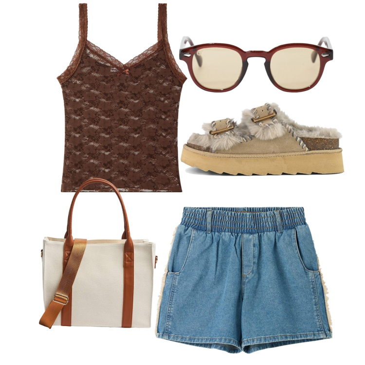 Outfit donna - Shorts. Stile Casual per Tutti i giorni. Abbinamento con shorts, shopping bag, magliette intime, occhiali da sole, sandali.
