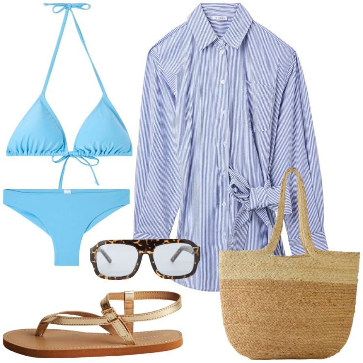Outfit donna - pronta per un bagno. Stile Minimal per Mare. Abbinamento con shopping bag, bikini, bikini, vestiti chemisier, ciabatte, occhiali da sole.