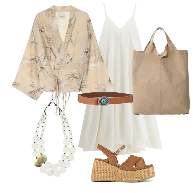 Outfit donna - Total look #2179299. Stile Boho per Mare. Abbinamento con vestiti midi/longuette, trench, shopping bag, cinture, zeppe, ciondoli.