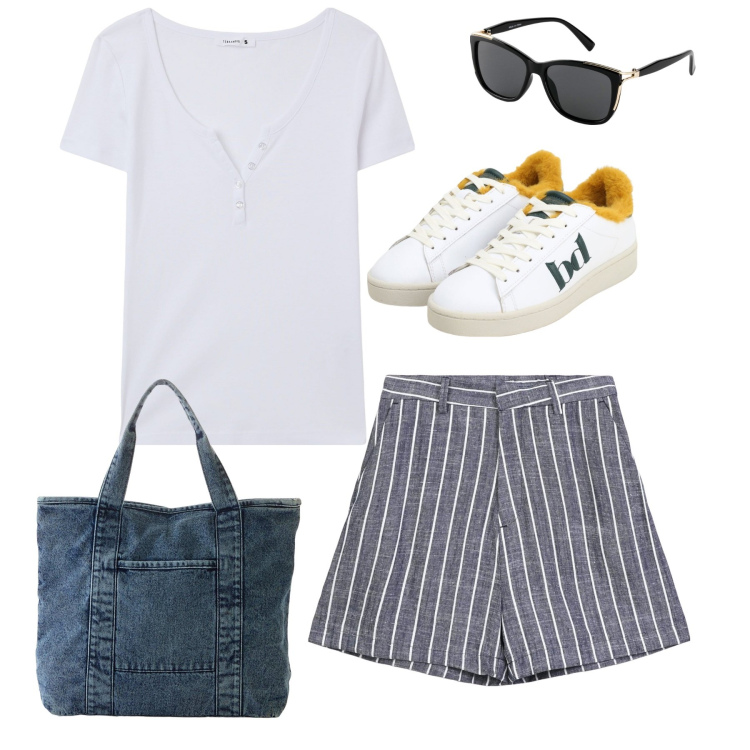 Outfit donna - Righe. Stile Basic per Tutti i giorni. Abbinamento con shopping bag, occhiali da sole, t-shirt, bermuda, sneakers.