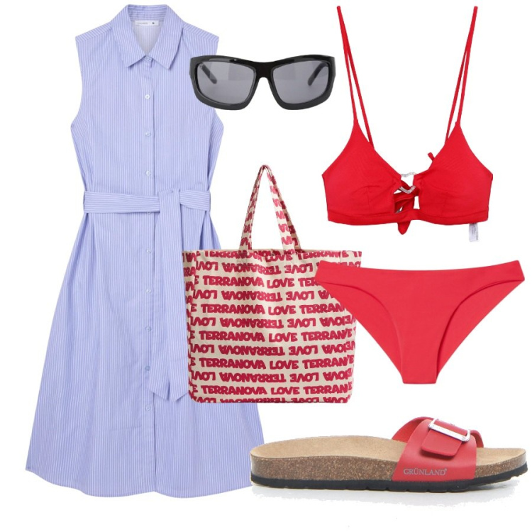 Outfit donna - Pronta per un tuffo. Stile Minimal per Mare. Abbinamento con vestiti chemisier, bikini, bikini, borse tote, occhiali da sole, ciabatte.