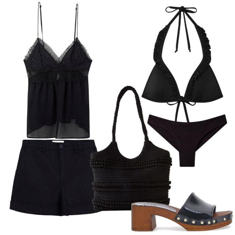 Outfit donna - Mare rock. Stile Rock per Mare. Abbinamento con shopping bag, bikini, pantaloni corti, bikini, canottiere, zoccoli.