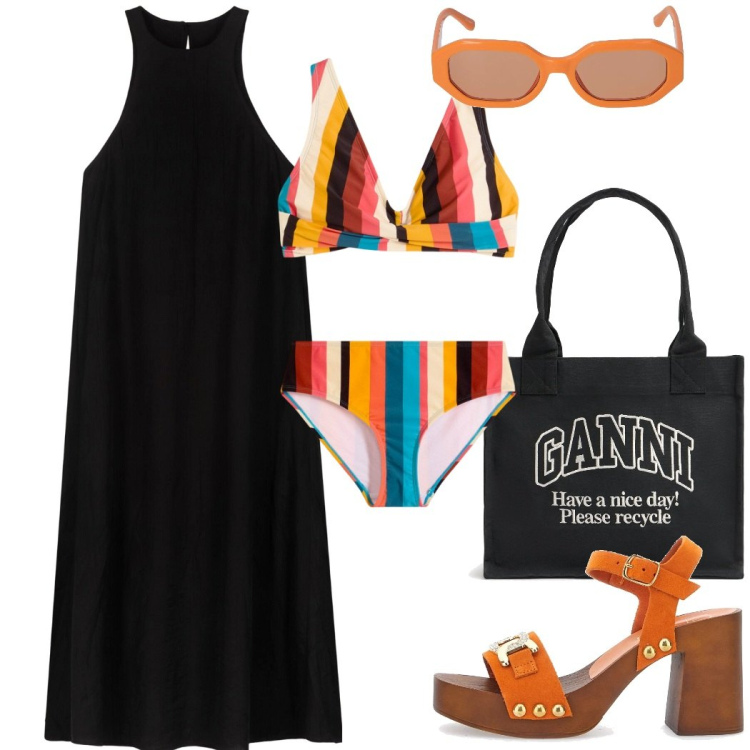 Outfit donna - Weekend al mare. Stile Casual chic per Mare. Abbinamento con bikini, zoccoli, vestiti lunghi, occhiali da sole, shopping bag.