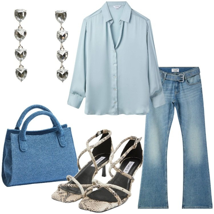 Outfit donna - Una serata con le amiche. Stile Trendy per Serata fuori. Abbinamento con jeans a zampa, sandali col tacco, camicie, borse a tracolla, orecchini.