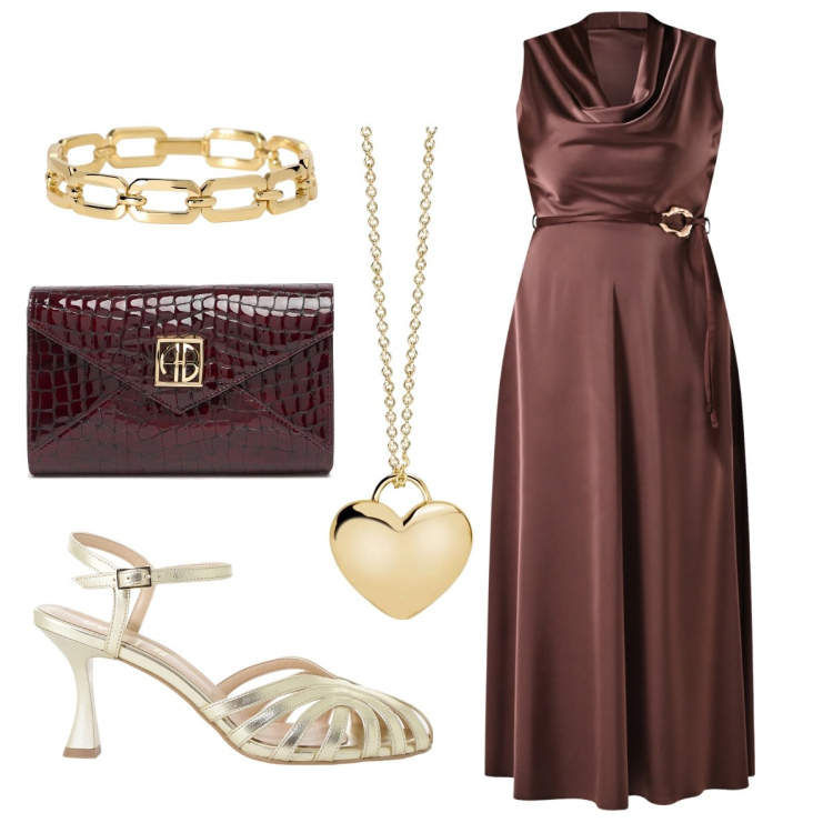 Outfit donna - Cerimonia in oro & marrone. Stile Chic per Cerimonia. Abbinamento con sandali col tacco, collane, braccialetti, vestiti lunghi, pochette.