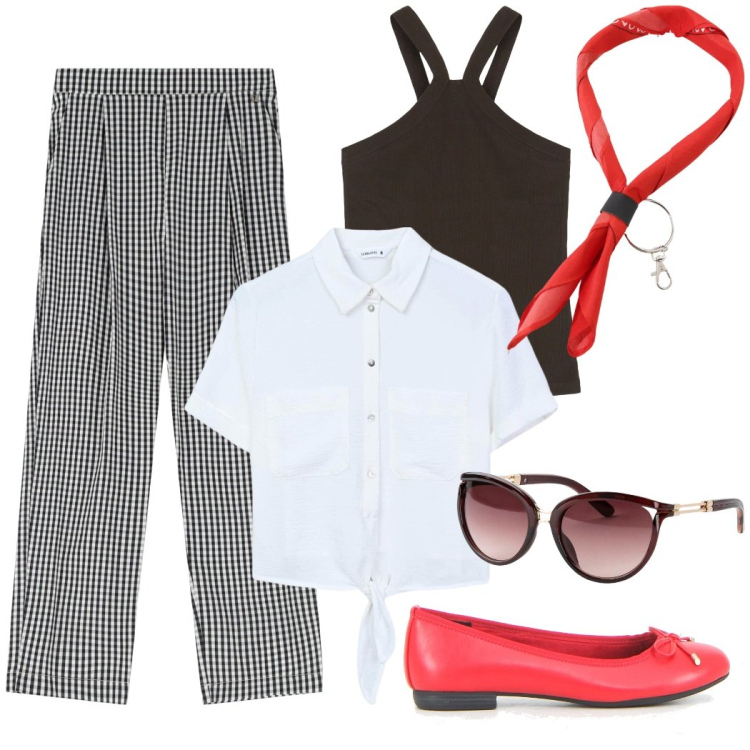 Outfit donna - Intramontabili quadretti Vichy. Stile Vintage retrò per Tutti i giorni. Abbinamento con occhiali da sole, camicie a manica corta, pantaloni, foulard, top, ballerine.