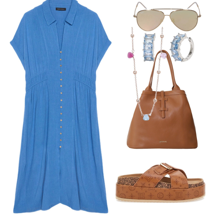 Outfit donna - Shopping in costiera. Stile Casual chic per Tutti i giorni. Abbinamento con orecchini, collane, borse tote, vestiti chemisier, ciabatte, occhiali da sole.