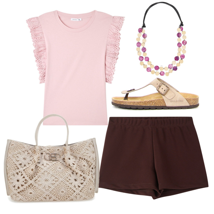 Outfit donna - Passeggiata. Stile Bon Ton per Tutti i giorni. Abbinamento con t-shirt, pantaloni corti, borse a tracolla, infradito, collane.