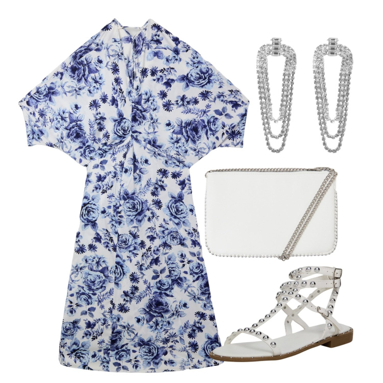 Outfit donna - Maxi Dress!. Stile Trendy per Serata fuori. Abbinamento con vestiti lunghi, orecchini, sandali, borse a tracolla.