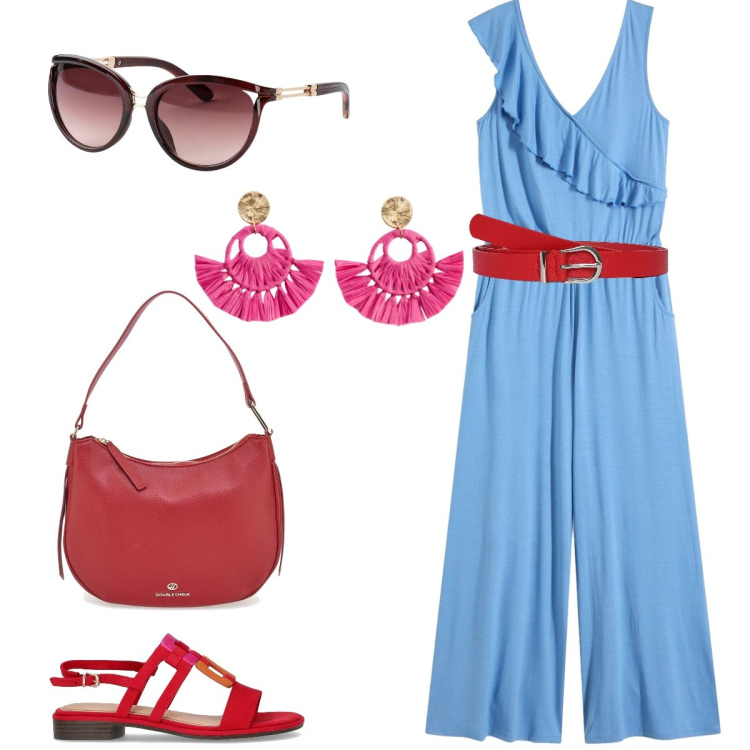 Outfit donna - In tuta. Stile Casual per Tutti i giorni. Abbinamento con occhiali da sole, orecchini, tute, cinture, borse a tracolla, sandali.